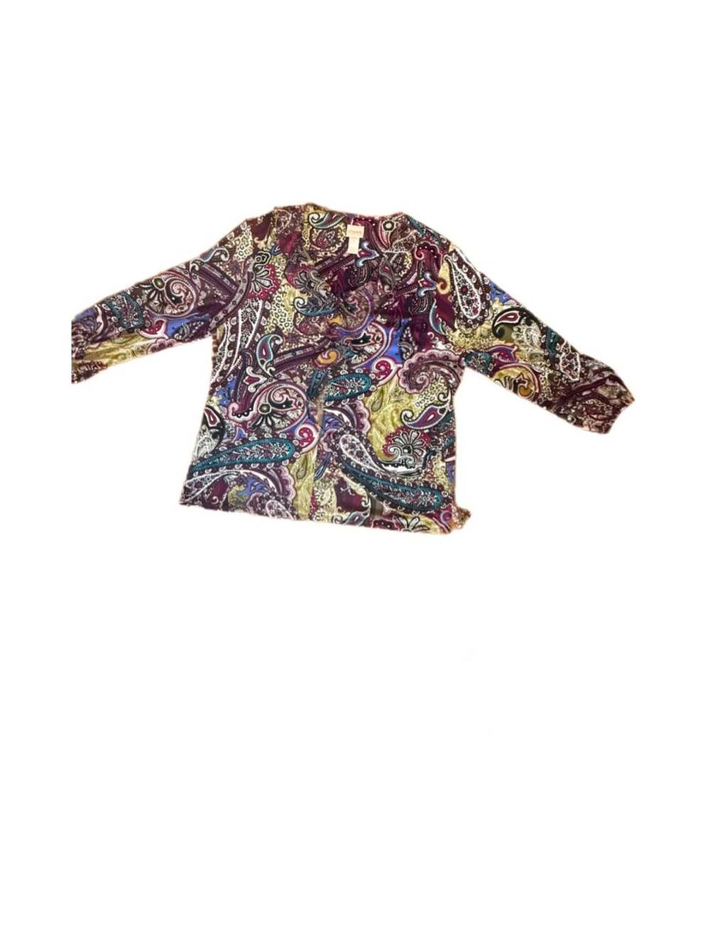 Chico's Sublime Paisley Print Stretch Knit Ruffle Neck Blouse Top